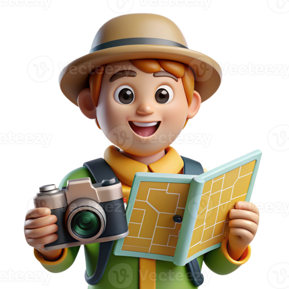 impressive classic Tourist with Map and Camera Isolated on White high resolution png