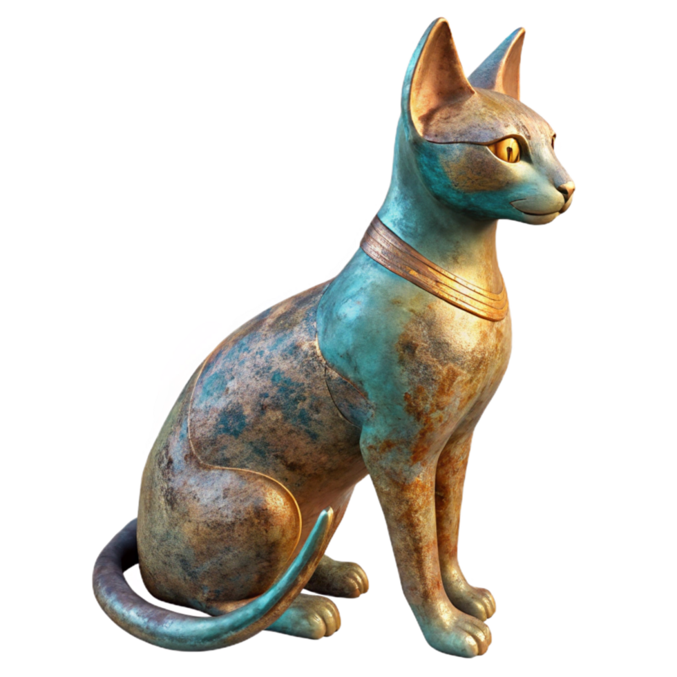 impressive abstract Egyptian Cat Statue Bronze Finish Side View Transparent Background high quality png