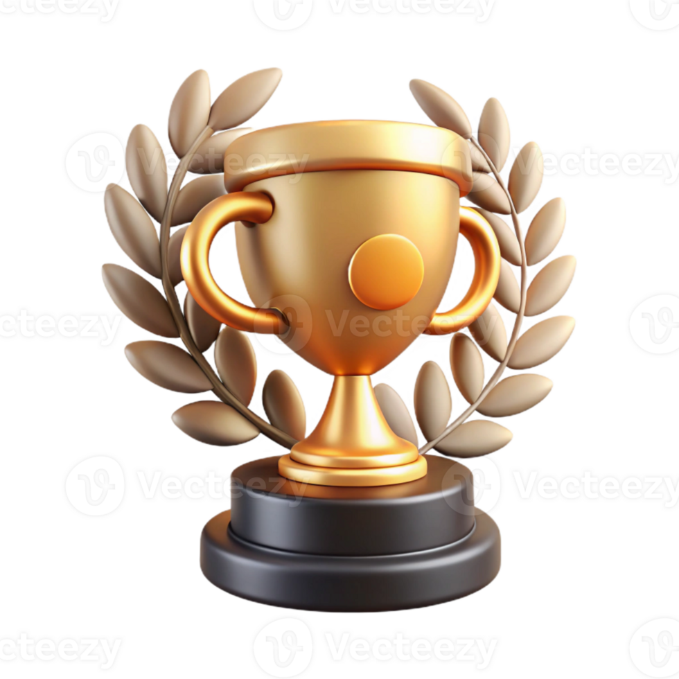 dramatic rustic Trophy Award with Laurel Wreath Victory Symbol Gold Finish Transparent Background genuine png