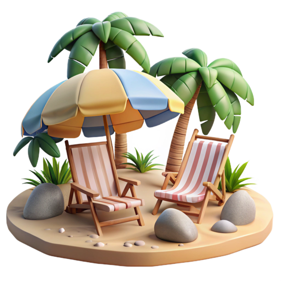 serene creative Tropical Beach with Umbrellas and Chairs Isolated authentic png