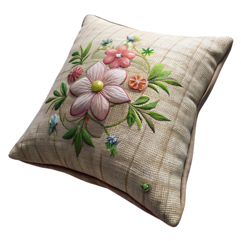 dramatic vintage Embroidered Linen Pillowcase Floral Pattern Transparent Background authentic png