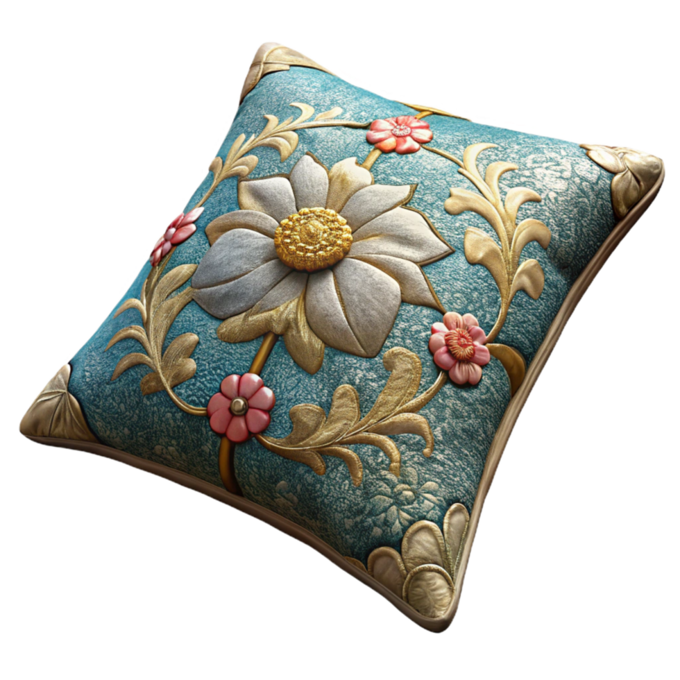 vibrant traditional Embroidered Pillow with Floral Pattern Isolated original png