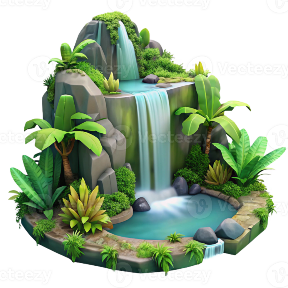 elegant vintage Tropical Waterfall Landscape with Lush Vegetation Isolated authentic png