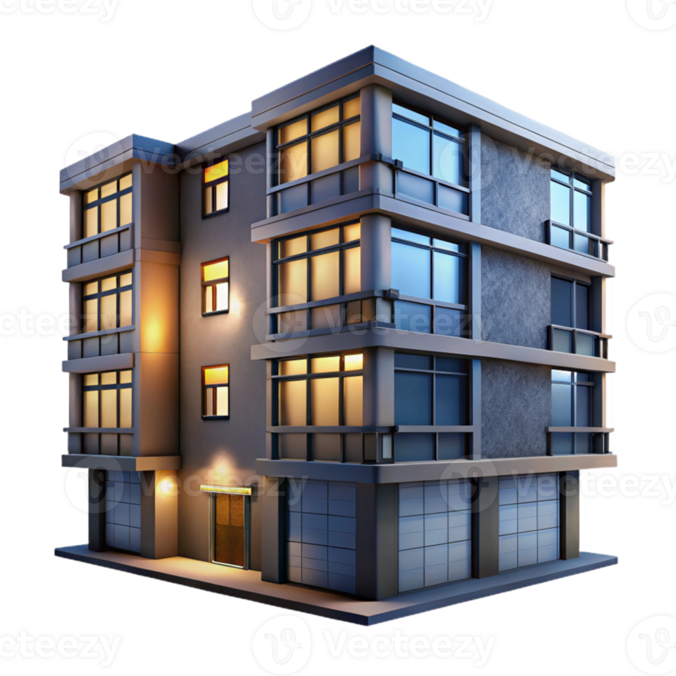 stunning minimalist Urban Apartment Building Facade Night View Transparent Background professional png