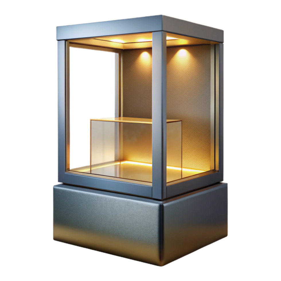 dramatic contemporary Empty Display Case Illuminated Interior Transparent Background high quality png