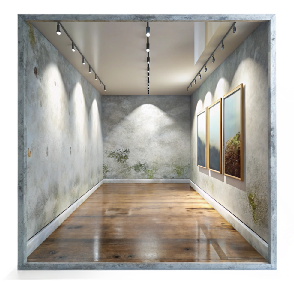 vibrant abstract Empty Gallery Room White Walls Transparent Background genuine png