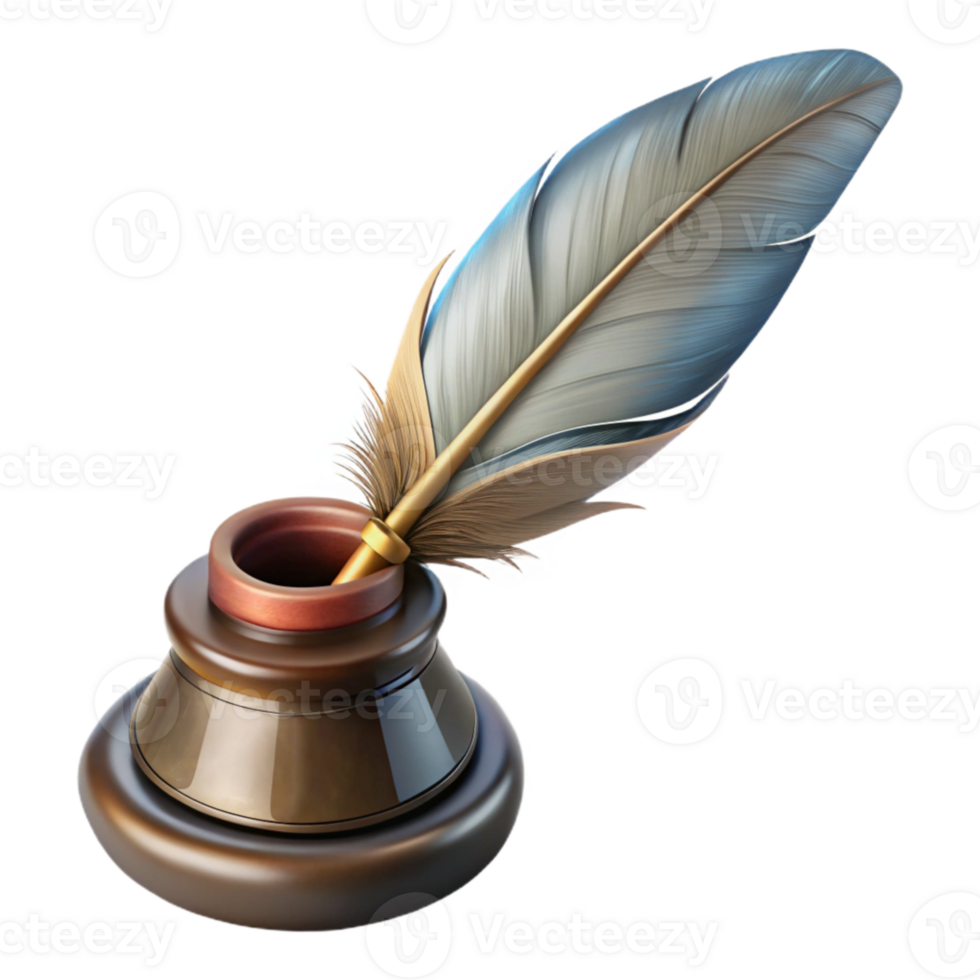 beautiful contemporary Vintage Quill and Inkwell Front View Transparent Background genuine png