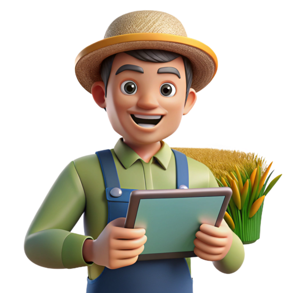 impressive vintage Farmer Holding Tablet Computer in Field Close Up Transparent Background professional png