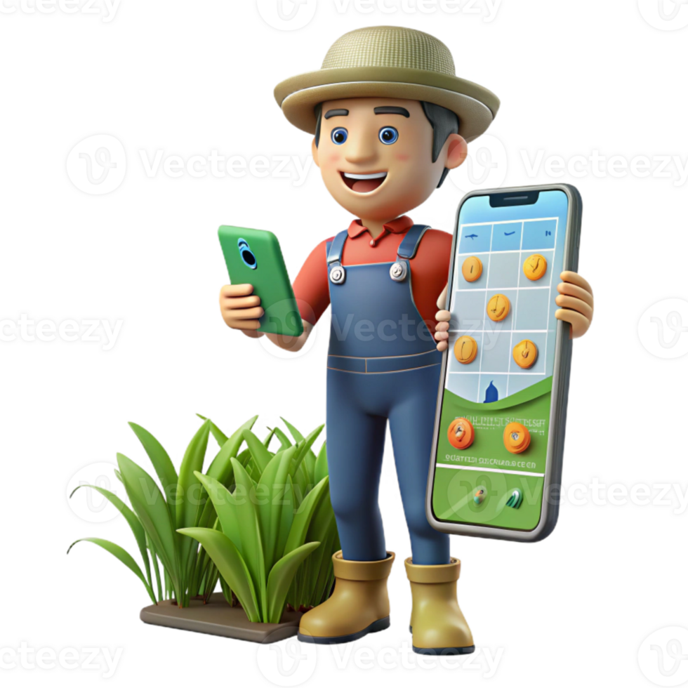 elegant traditional Farmer Monitoring Crop Growth on Smartphone Transparent Background premium png