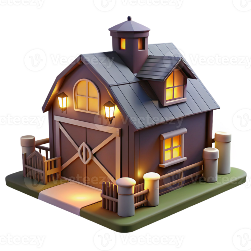 beautiful rustic Farmhouse at Night with Lights on Isolated exclusive png