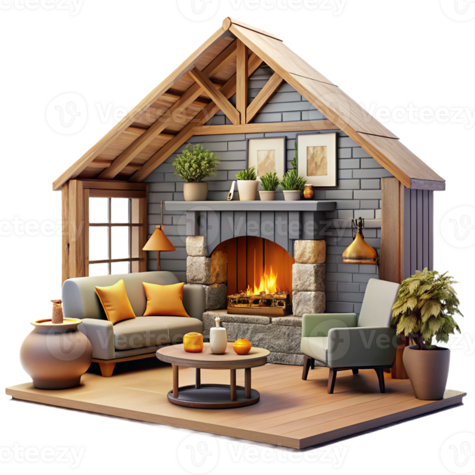 elegant rustic Farmhouse Living Room Transparent Background with Fireplace high quality png