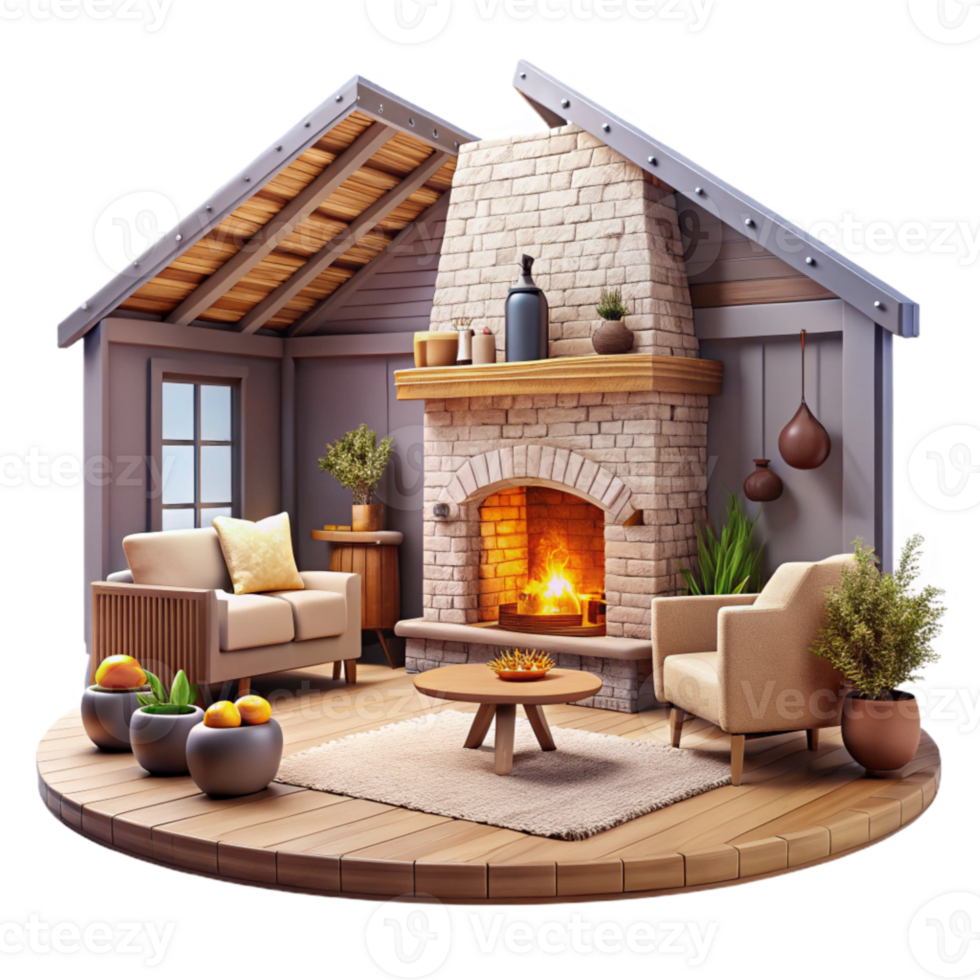 elegant traditional Farmhouse Living Room Transparent Background with Fireplace premium png
