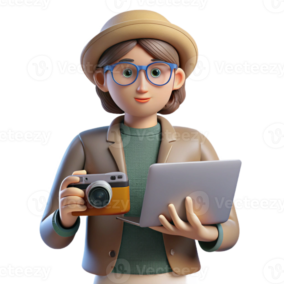 vibrant abstract Fashion Blogger with Camera and Laptop Isolated professional png