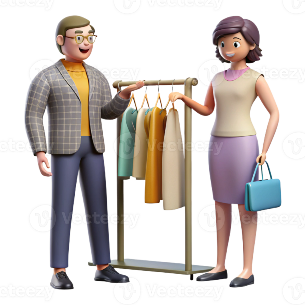 beautiful creative Fashion Consultant with Client and Clothing Rack Cutout png