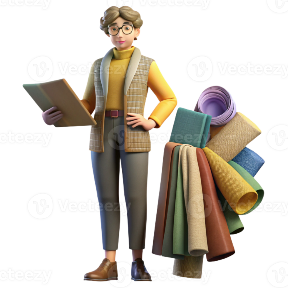 magnificent modern Fashion Designer with Sketches and Fabric Swatches Isolated professional png
