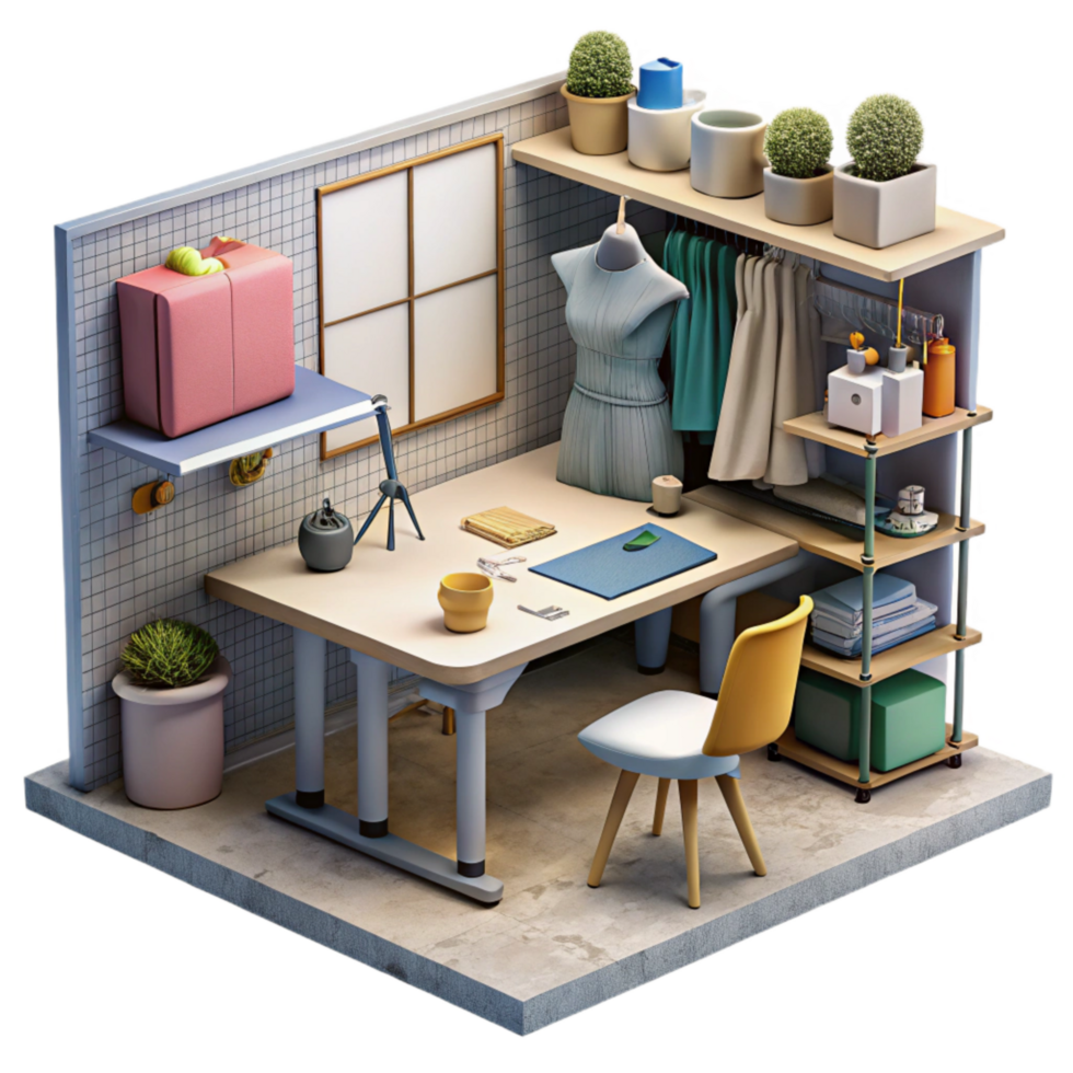 elegant abstract Fashion Design Studio Messy Workspace Isolated detailed png