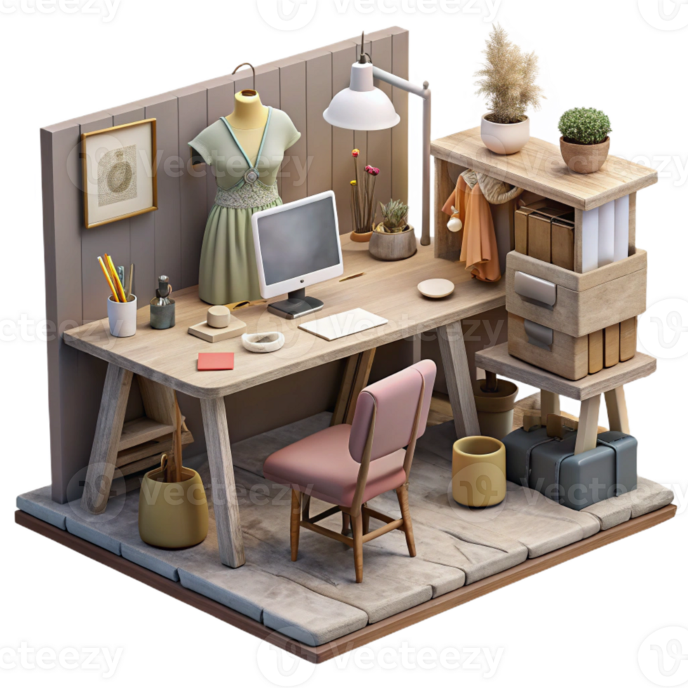 serene modern Fashion Design Studio Messy Workspace Isolated png