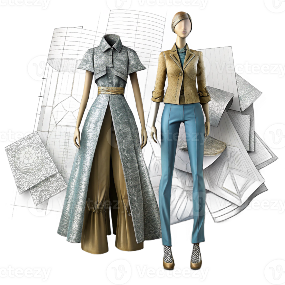 elegant traditional Fashion Design Sketches on Paper Isolated professional png