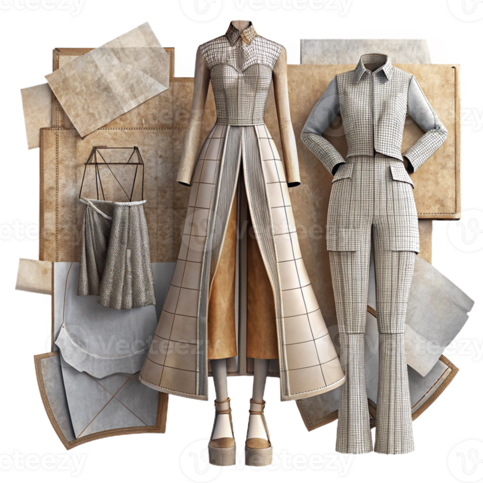 elegant artistic Fashion Design Sketches on Paper Isolated professional png
