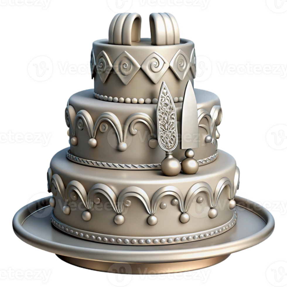 vibrant artistic Wedding Cake Cutting Set Silver Ornate Handles Cutout professional png