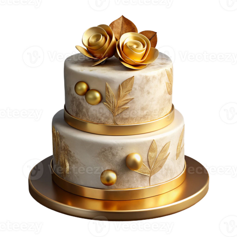 beautiful contemporary Wedding Cake with Gold Leaf Accents Cutout Transparent Background png