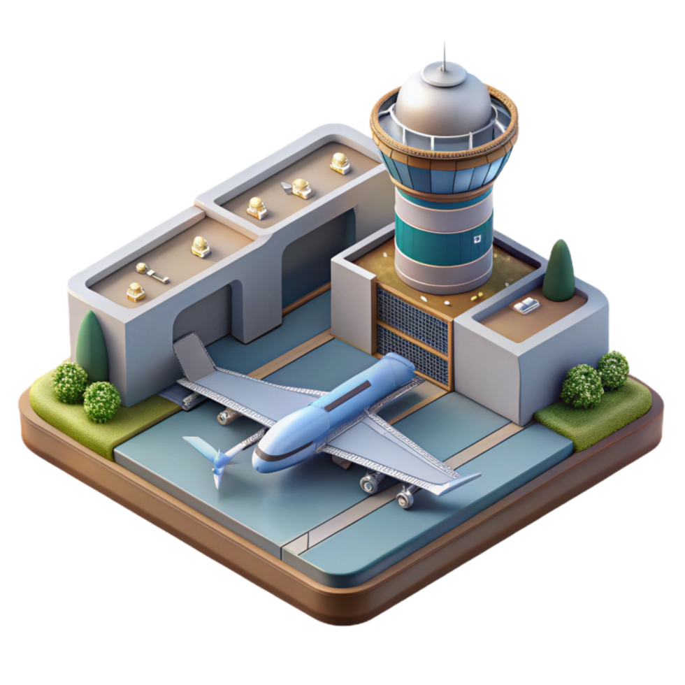 beautiful minimalist Floating Airport Concept Art Isometric View Transparent Background authentic png