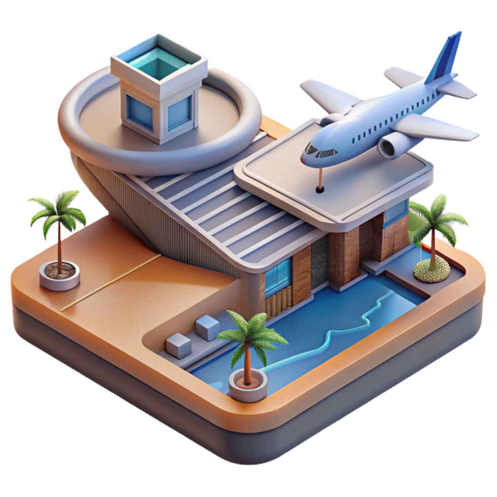 dramatic artistic Floating Airport Concept Art Isometric View Transparent Background png