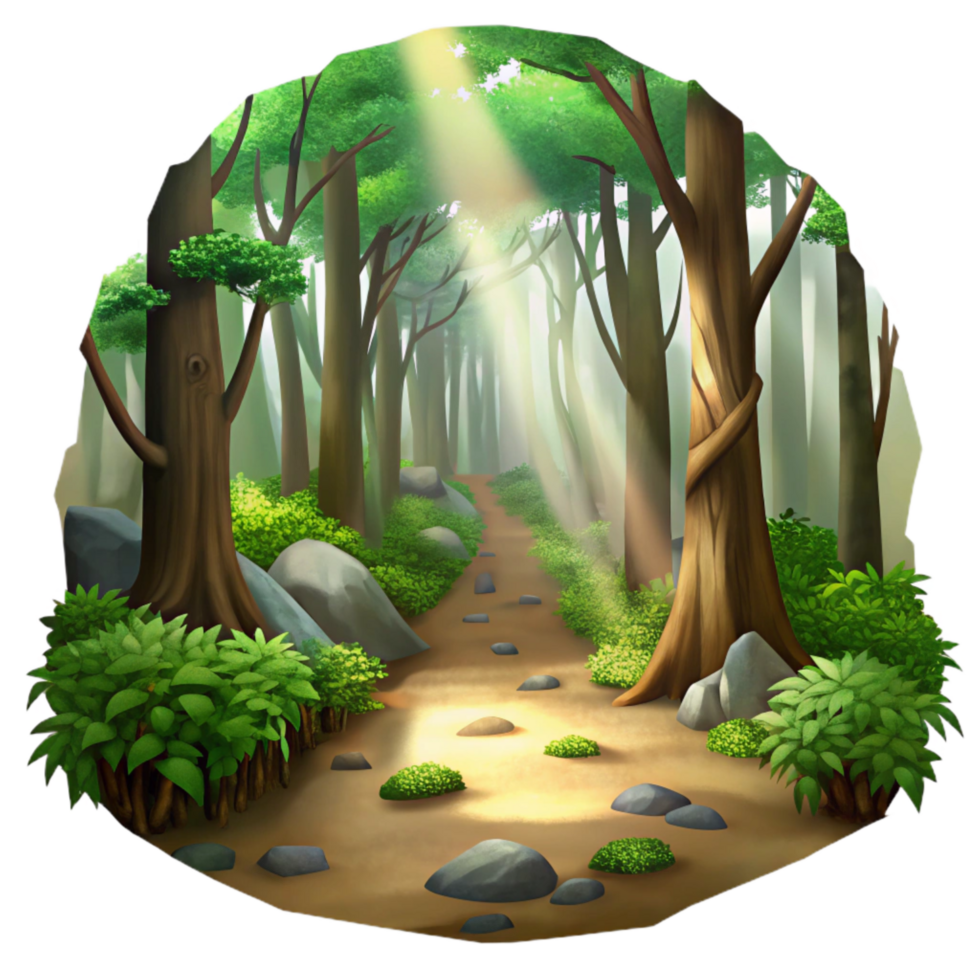 vibrant minimalist Forest Path with Sunlight Filtering Through Trees Scenic View Cutout high resolution png
