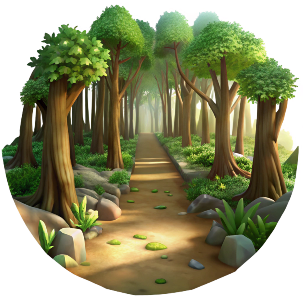 dramatic contemporary Forest Path with Sunlight Filtering Through Trees Scenic View Cutout professional png