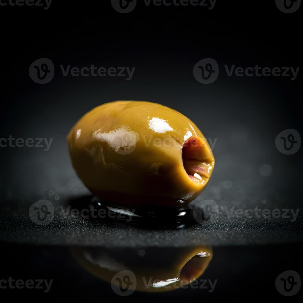 Close up of single green olive with oil drop on dark textured background moody food photography macro shot gourmet photo