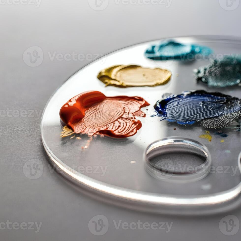 close up of an oil paint palette featuring vibrant, textured strokes of various colors, highlighting the creativity of an artist photo