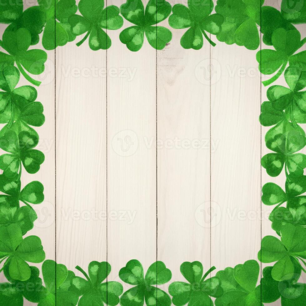 Green shamrocks forming a decorative frame on a light wooden background festive Irish themed border for St Patricks Day photo