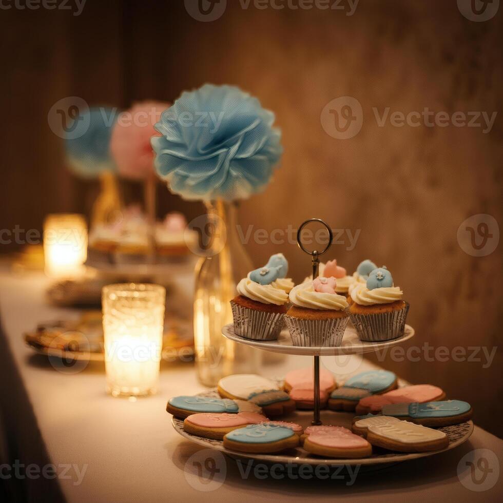 Blue and white baby shower cookies and cupcakes on decorative plate elegant dessert table baby celebration party treats photo