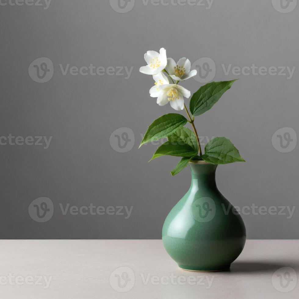 White jasmine flowers in green ceramic vase minimalist aesthetic floral still life delicate soft natural beauty decor photo