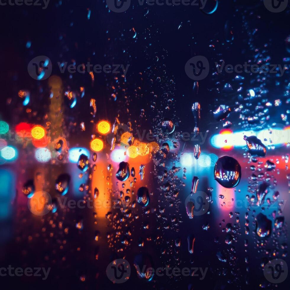 Rain droplets on window reflecting city lights at night creating dreamy urban atmosphere soft glow photo