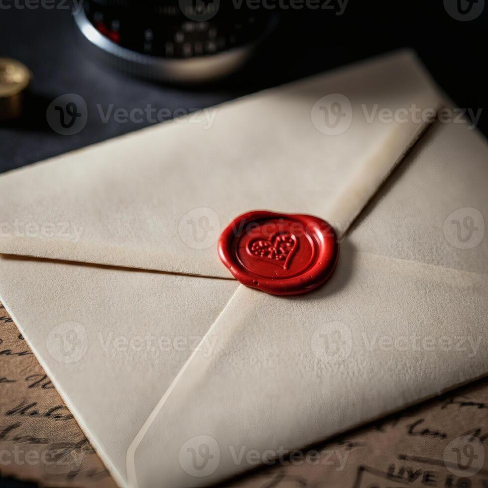 Romantic vintage envelope with red wax seal heart stamp symbolizing love and nostalgia for wedding invitations and letters photo