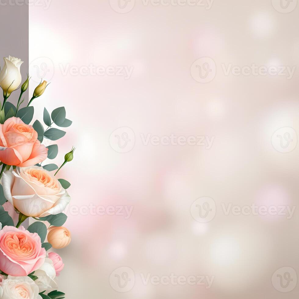 Soft floral background with pastel roses and blurred light for elegant design photo