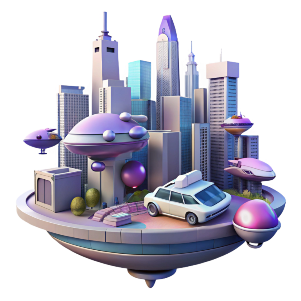 vibrant classic Futuristic Cityscape with Flying Cars Transparent Background high resolution png