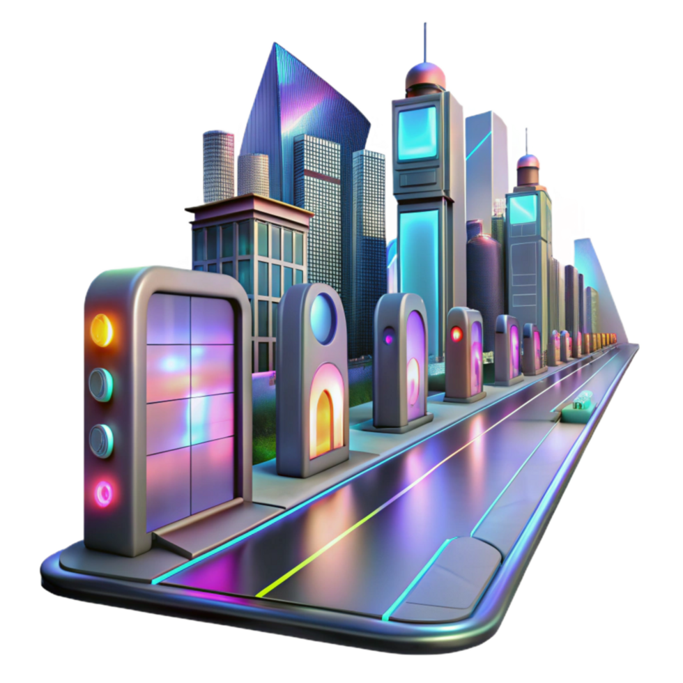 wonderful contemporary Futuristic City Street with Holographic Ads Transparent Background high resolution png