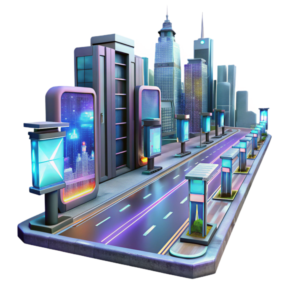impressive minimalist Futuristic City Street with Holographic Ads Transparent Background high resolution png