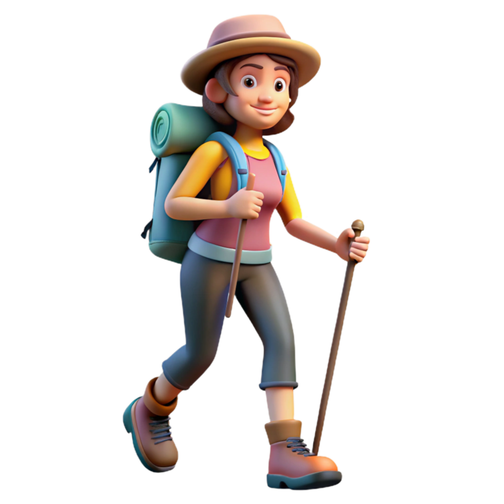 extraordinary modern Woman Hiking with Backpack and Walking Stick Cutout premium png