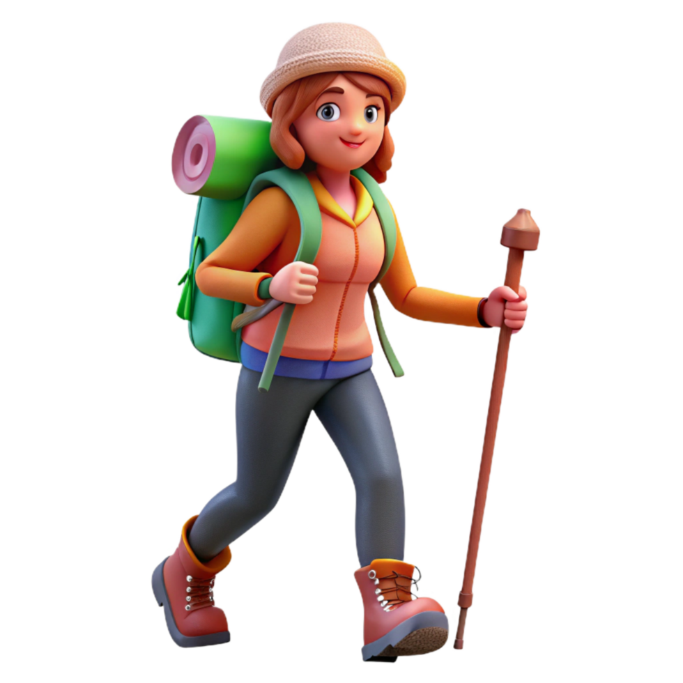 wonderful contemporary Woman Hiking with Backpack and Walking Stick Cutout premium png