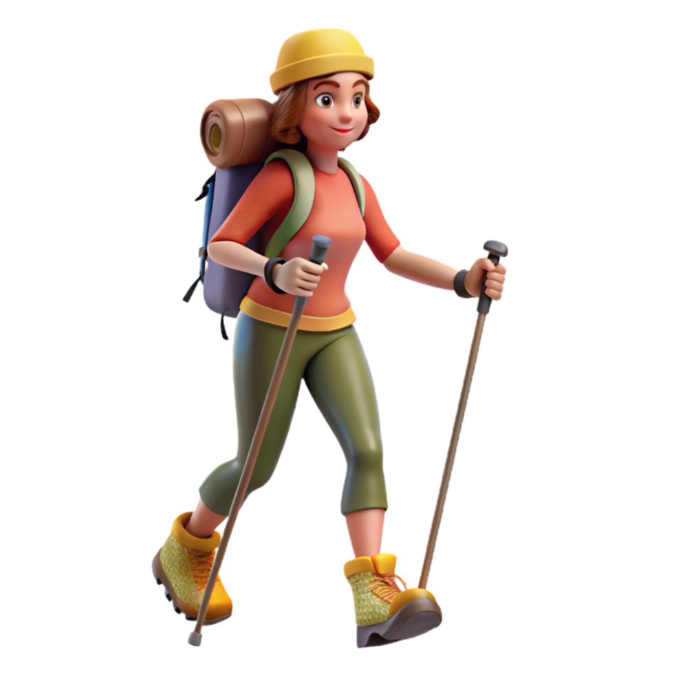 beautiful modern Woman Hiking with Trekking Poles Cutout genuine png