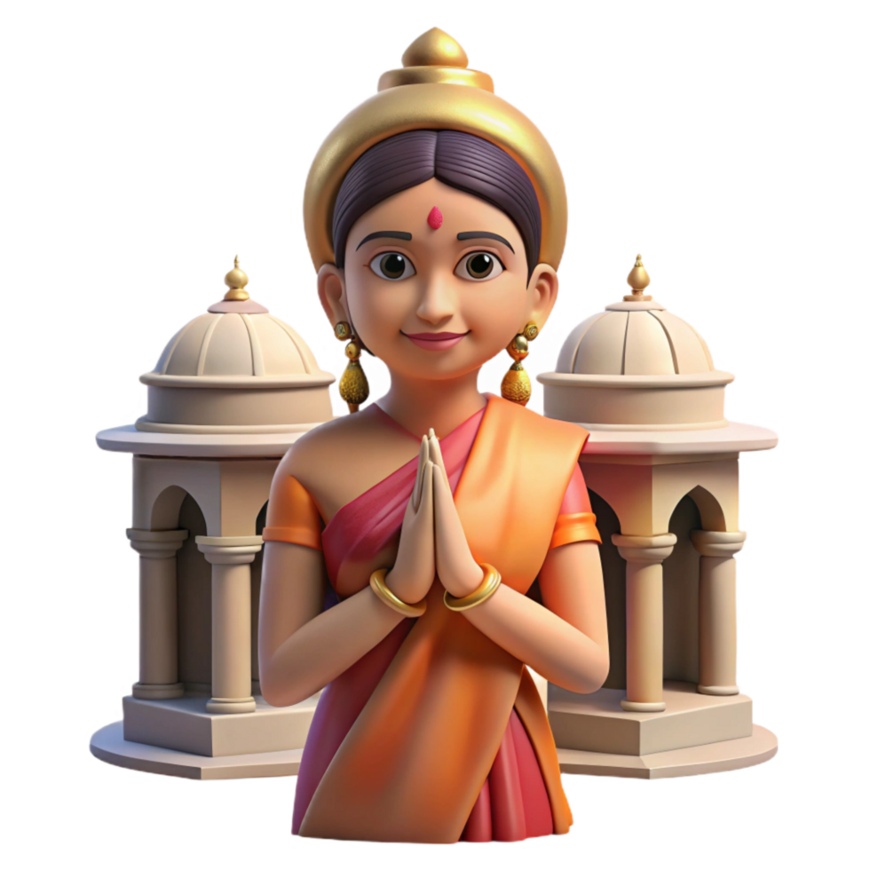 elegant creative Woman in Sari Praying at Temple Cutout with Soft Lighting high resolution png
