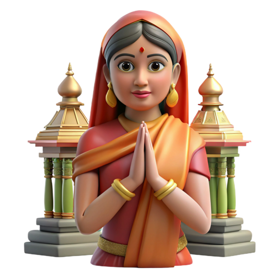 elegant creative Woman in Sari Praying at Temple Cutout with Soft Lighting detailed png