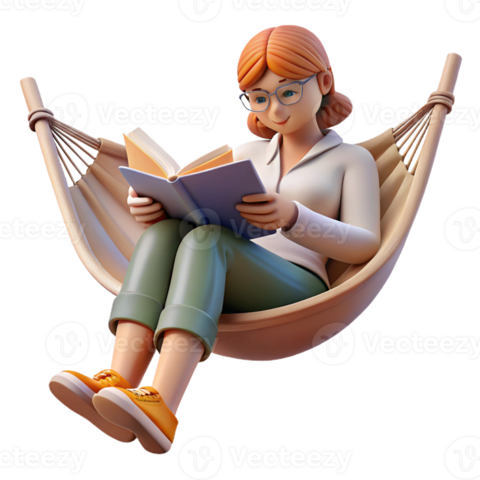 beautiful modern Woman Reading Book in Hammock Isolated authentic png