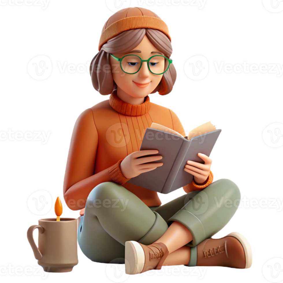 serene contemporary Woman Reading Book Relaxation Concept Isolated detailed png