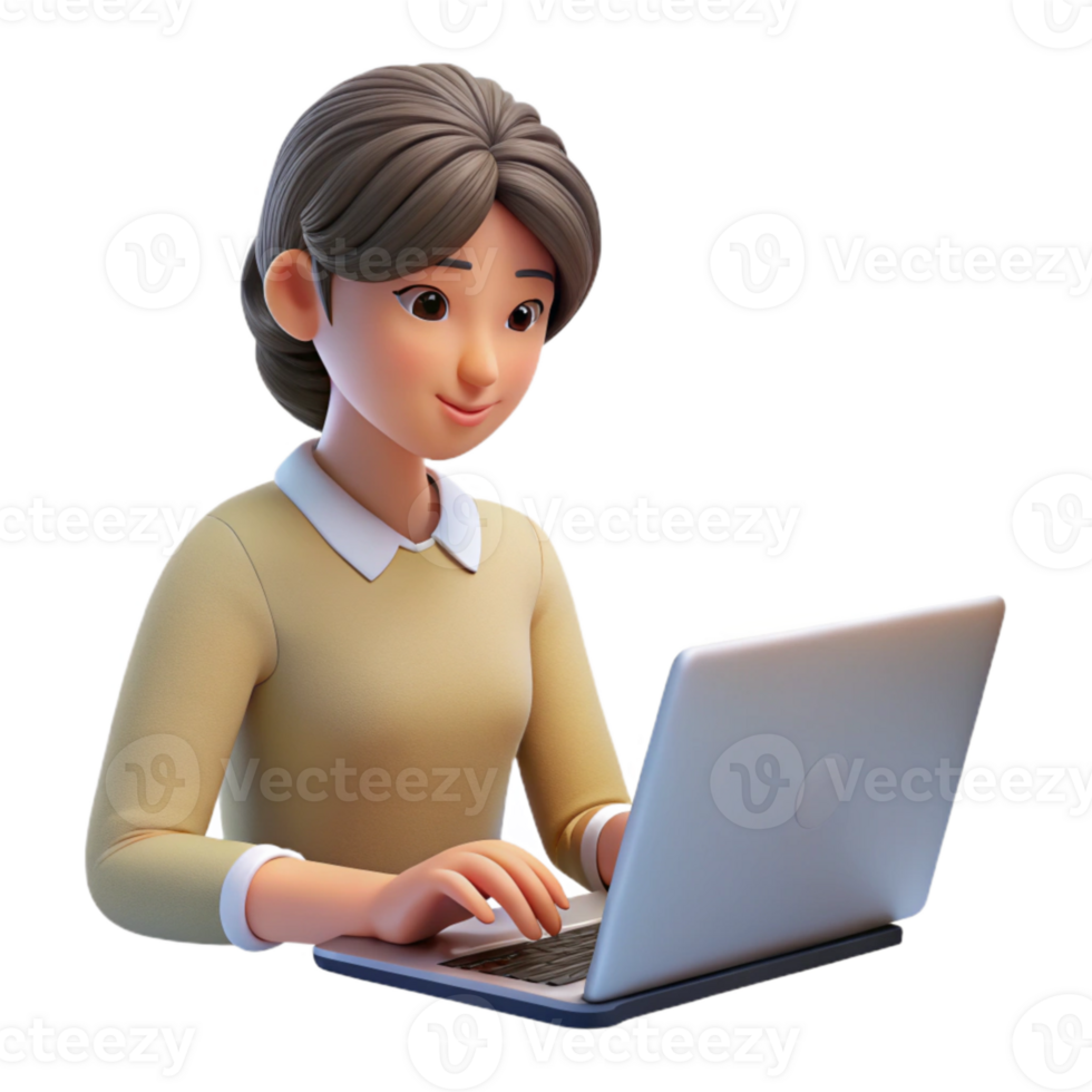 beautiful traditional Woman Typing on Laptop Keyboard Cutout Element detailed png