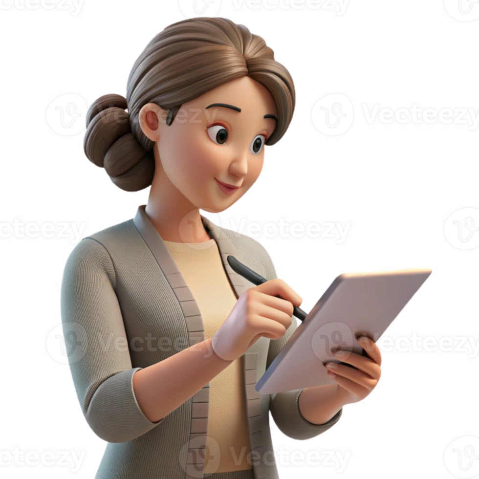 impressive creative Woman Using Tablet with Stylus Side View Transparent Background authentic png
