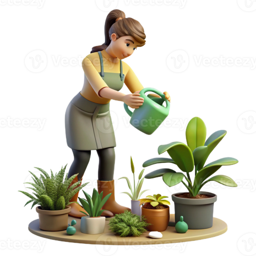 serene contemporary Woman Watering Plants in Garden Isolated genuine png